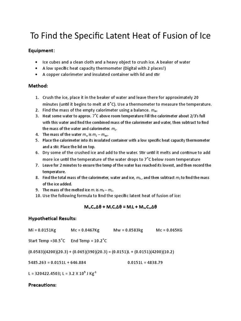 To Find the Specific Latent Heat of Fusion of Ice Heat Ice