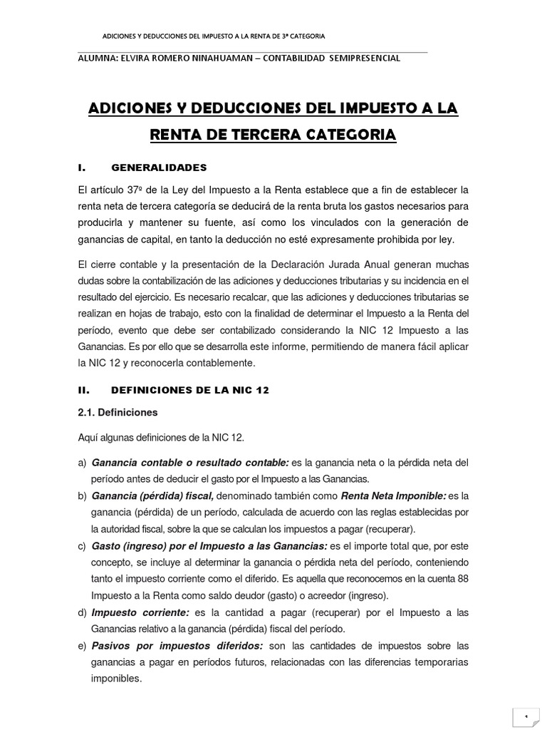 Adiciones y Deducciones en Renta 3ª categoría | PDF | Impuesto sobre la ...