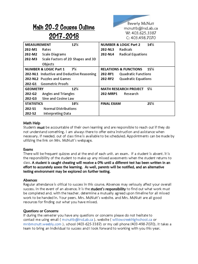 Math 20-2 Course Outline 2017-2018 | PDF | Trigonometric Functions ...