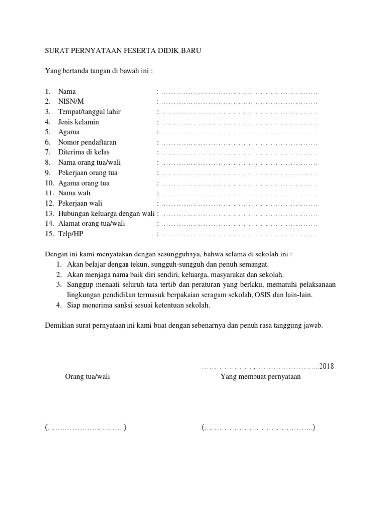Surat Pernyataan Peserta Didik Baru | PDF