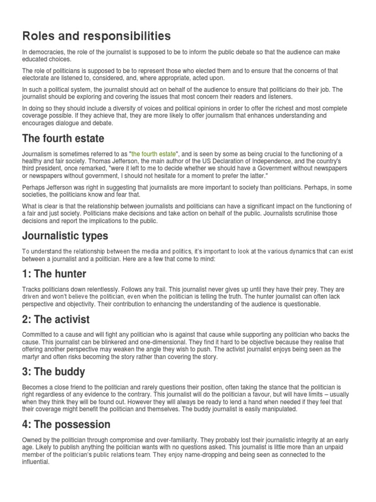 Roles and Responsibilities The Fourth Estate PDF Journalism News