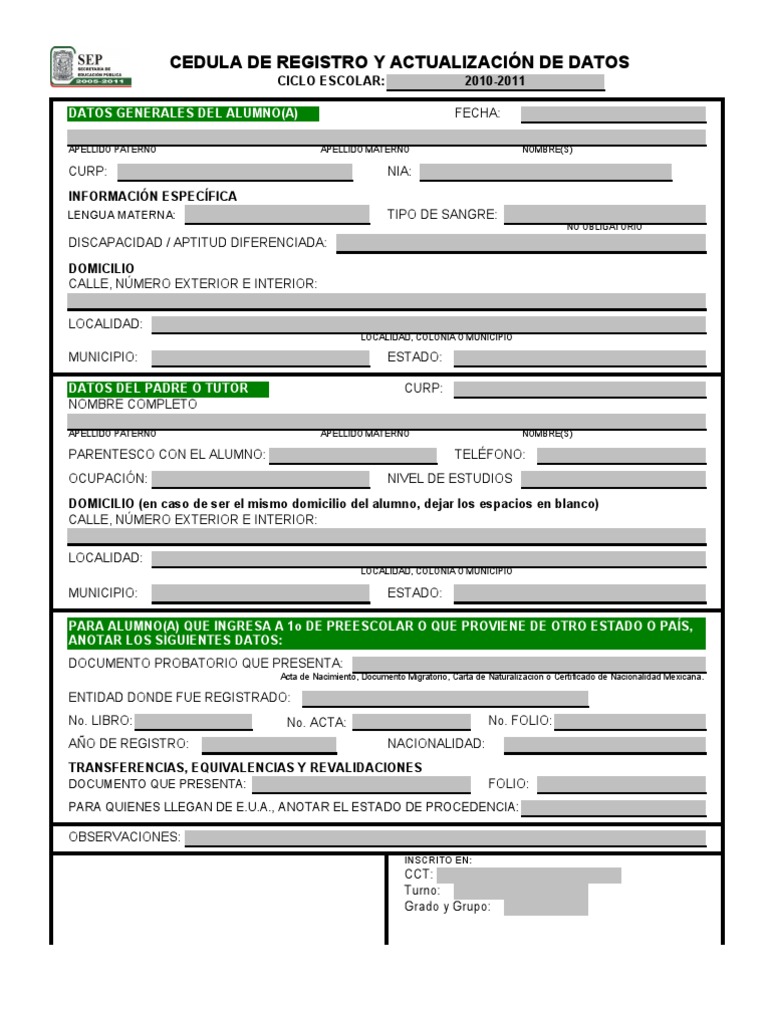 Cedula De Registro Y Actualización De Datos Datos