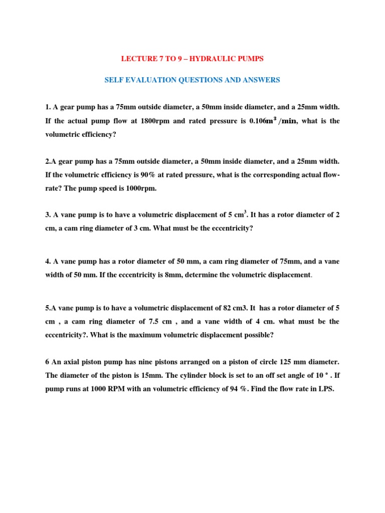 Self Evaluation Questions and Answers Lecture 7 To 9 Hydraulic Pumps PDF Pump Engine