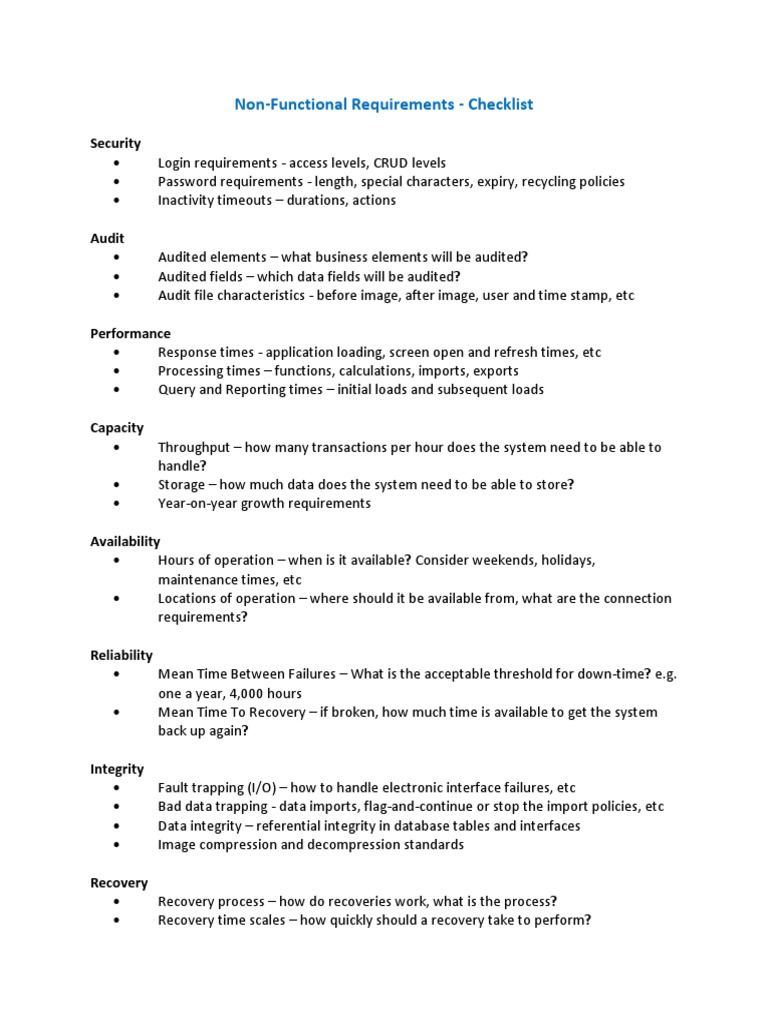 Non-Functional Requirements - Checklist - Good | PDF | Databases | Digital  Technology