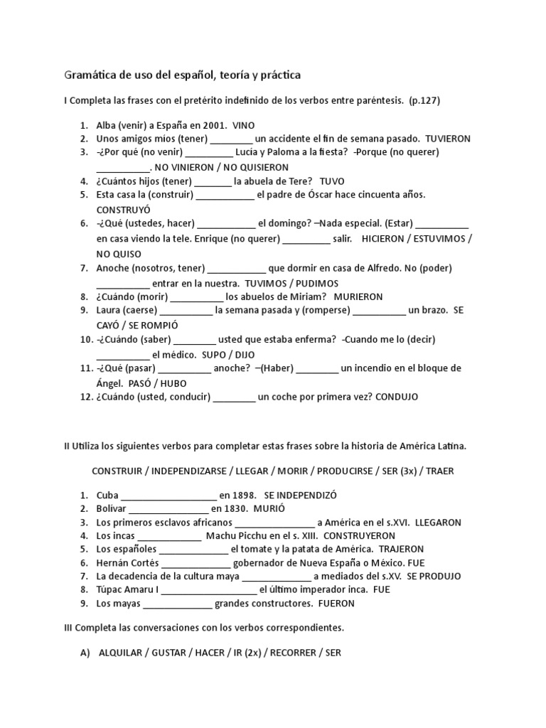 Ejercicios de verbos irregulares en indefinido | PDF | Estudios de ...