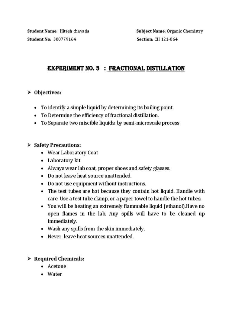 Experiment No. 3 Fractional Distillation Objectives PDF