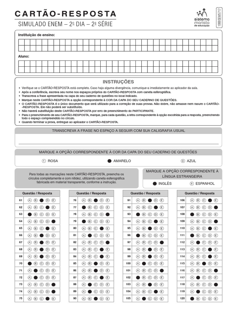 Cartão-resposta: Simulado enem – 2 dia – 2 Série | Educação Continuada