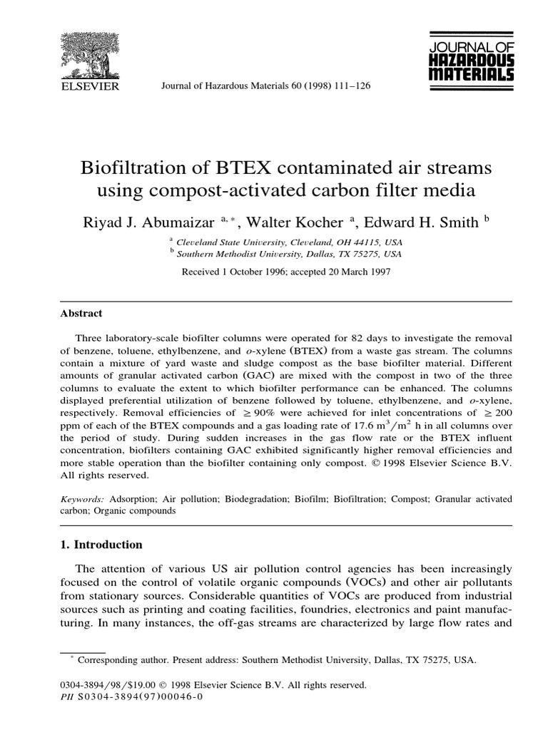 Biofiltration of BTEX Contaminated Air Streams Using Compost-Activated ...