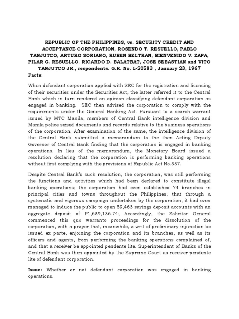 Case Digest Republic of the Philippines, Vs. Security Credit and