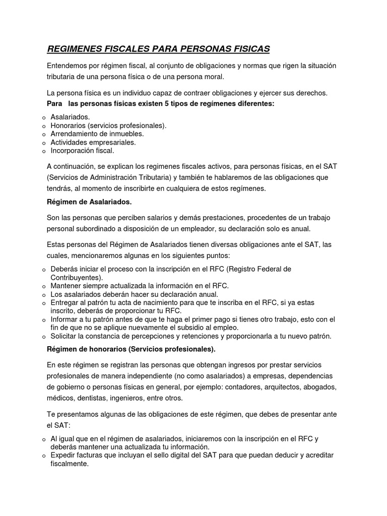 Regimenes Fiscales para Personas Fisicas y Morales | PDF | Impuestos ...