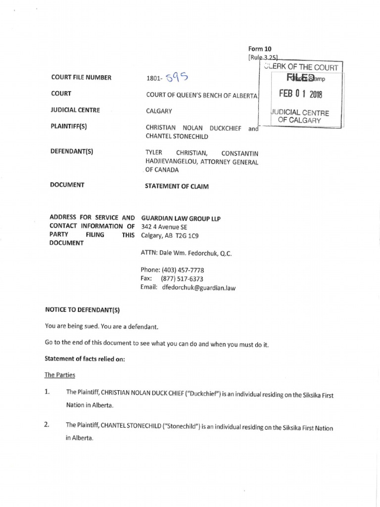 Filed Statement of Claim (Duckchief) - February 1 2018