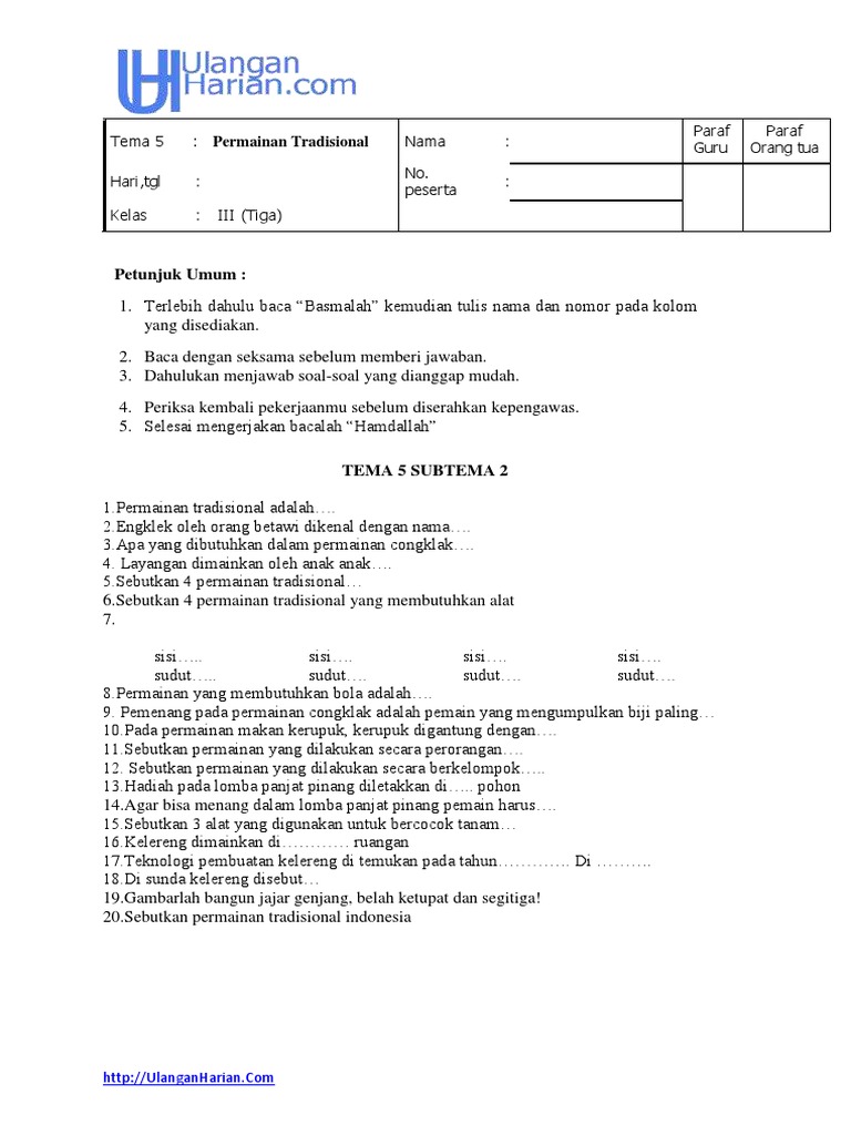 Soal Tematik Kelas 3 Tema 5 Permainan Tradisional Pdf