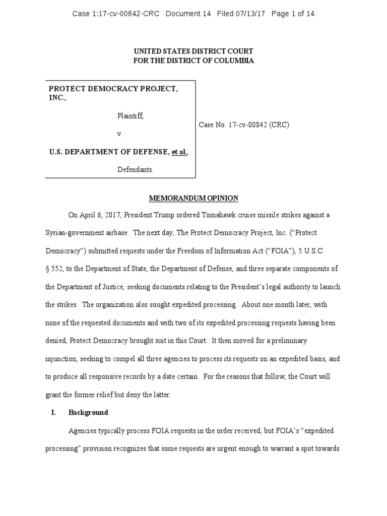 FOIA Suit on Syria Strike Authority | PDF | Freedom Of Information Act ...