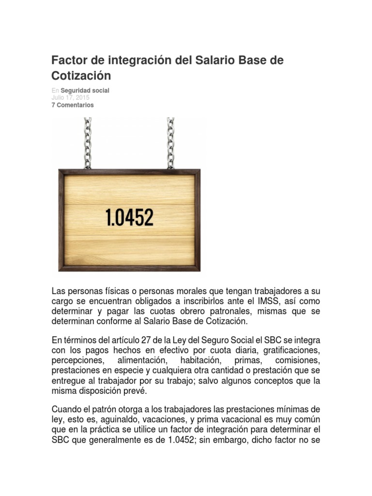 Factor de Integración Del Salario Base de Cotización PDF | PDF | Salario |  Economias