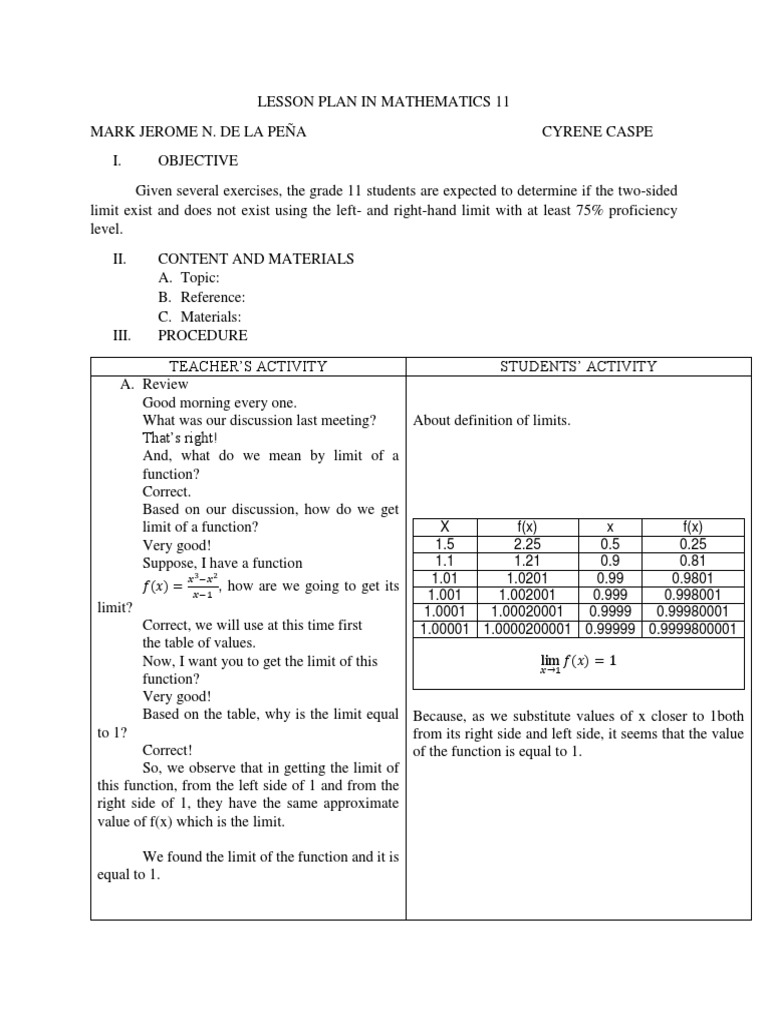 Limits in Grade 11 Mathematics Lesson | PDF | Function (Mathematics ...