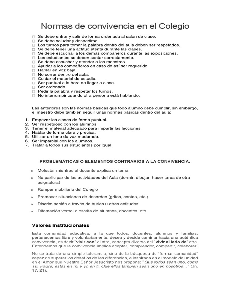 Normas de Convivencia Escolar | PDF | Salón de clases | Comunidad