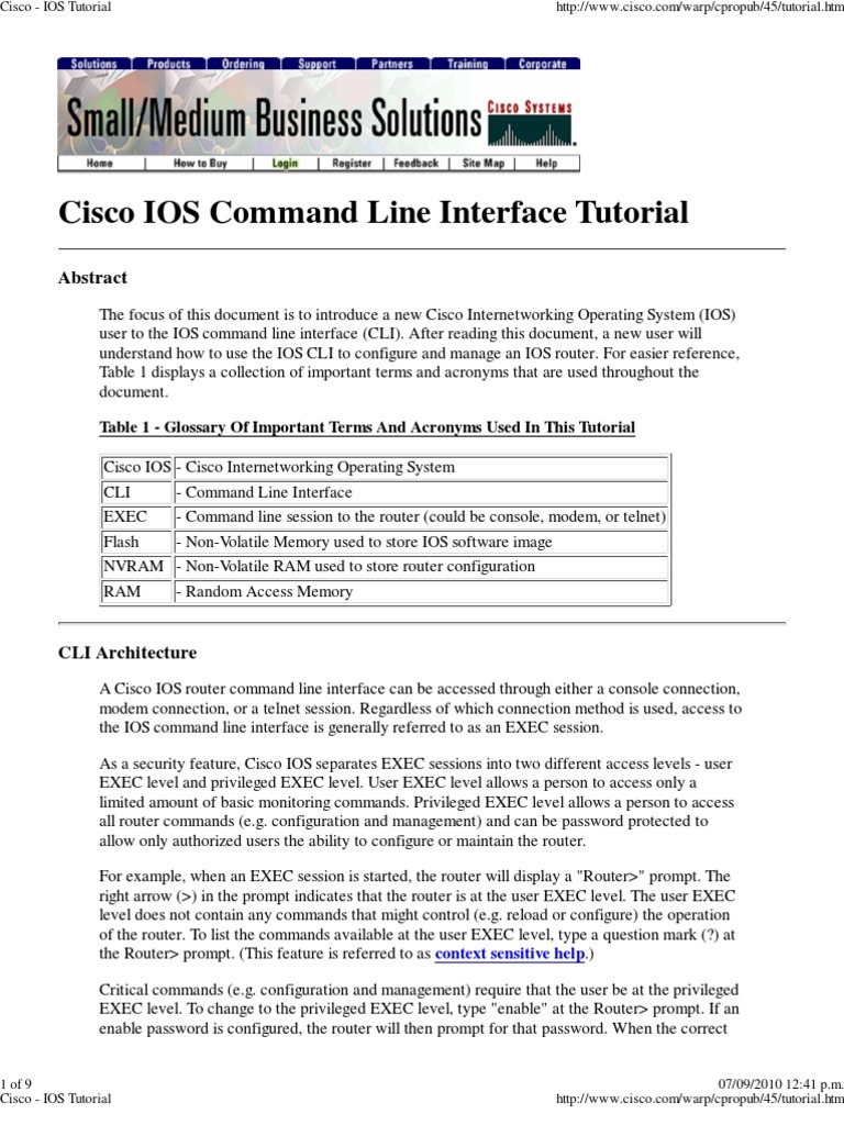 Cisco IOS Command Line Interface Tutorial Table 1 Glossary Of