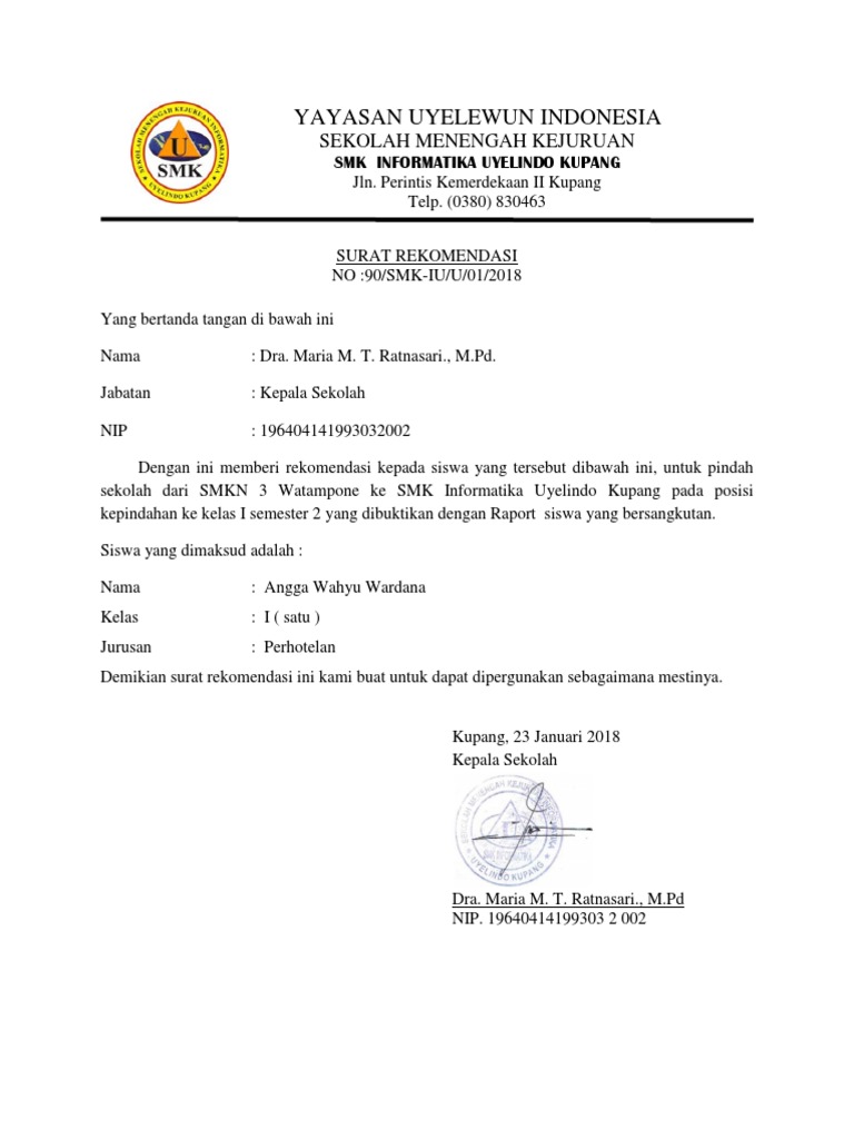 Contoh Surat Rekomendasi Pindah Sekolah Smk Informatika Uyelindo