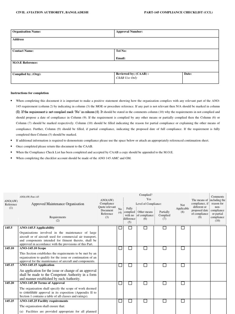 Bangladesh Part-145 Compliance Checklist | PDF | Regulatory Compliance ...