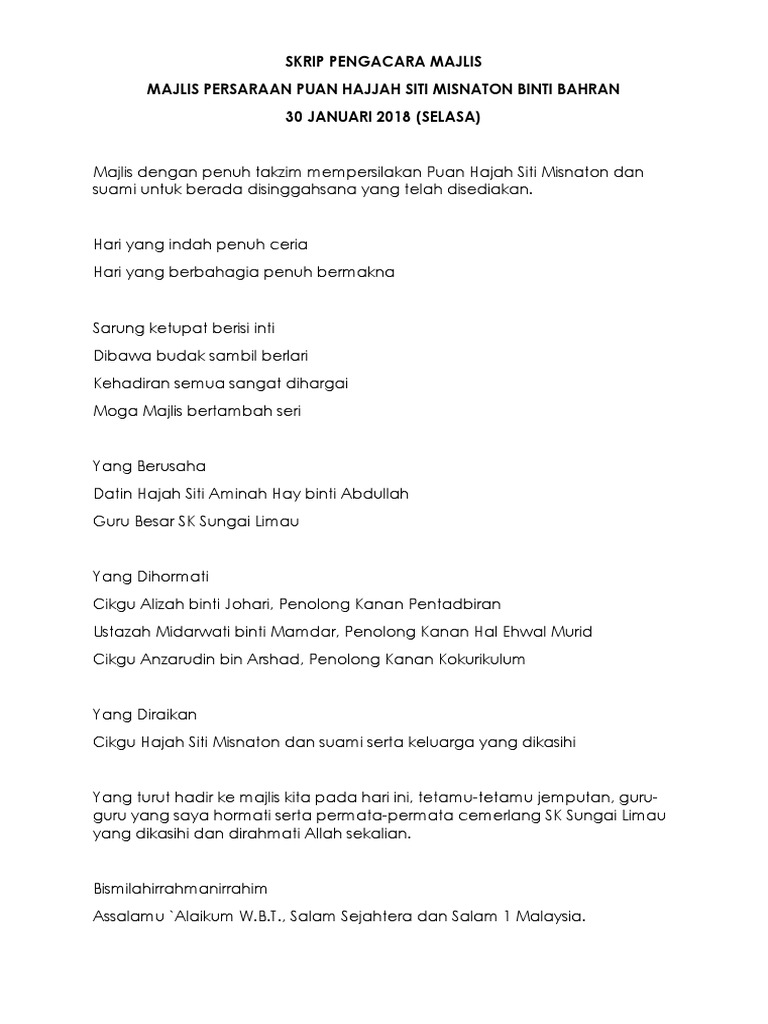 Skrip Pengacara Majlis Persaraan