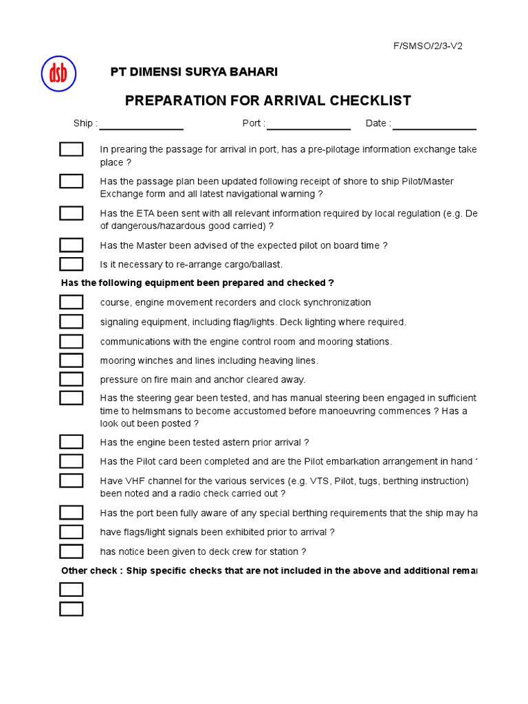 Pre-Arrival Checklist for Vessels | PDF | Water Transport | Ships