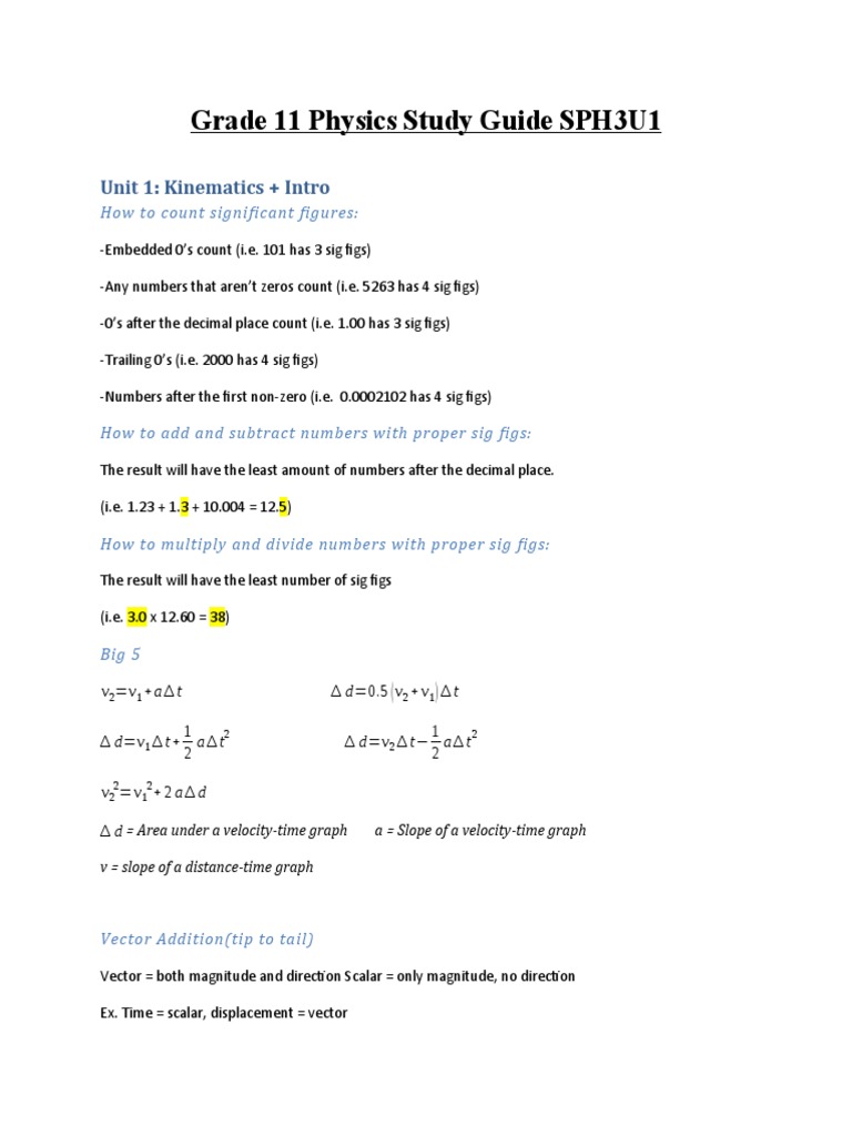 Grade 11 Physics Study Guide / Notes for Final Exam SPH3U1 