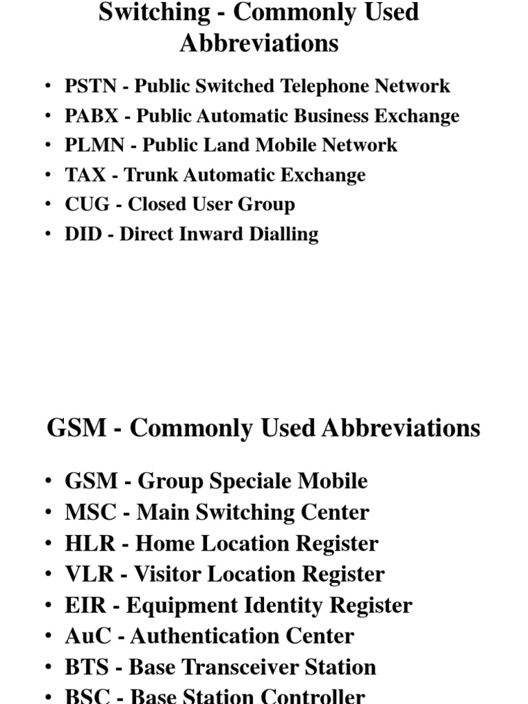 Switching Commonly Used Abbreviations PDF Gsm General Packet