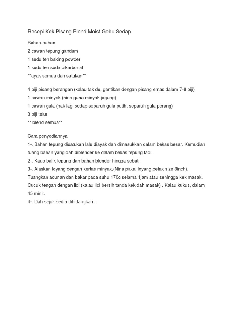 Resepi Kek Pisang Blend Moist Gebu Sedap Pdf