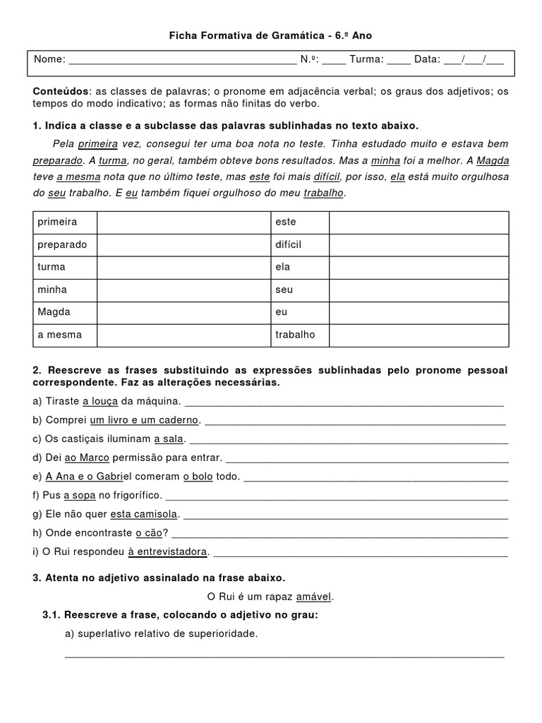 Ficha Formativa de Gramática (6.º Ano) | PDF | Pronome | Gramática