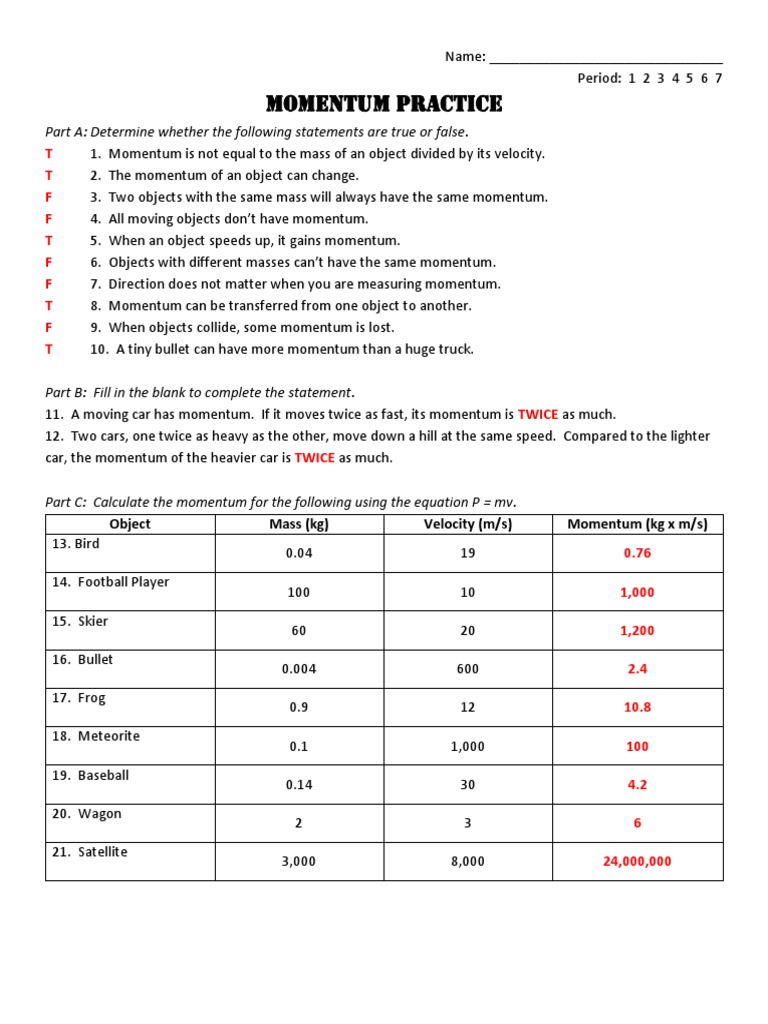 Momentum Worksheet Answer Key - Admuscente