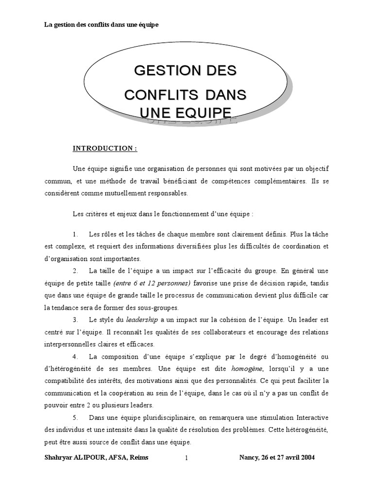 Gestion des conflits en équipe | PDF | Direction | la communication