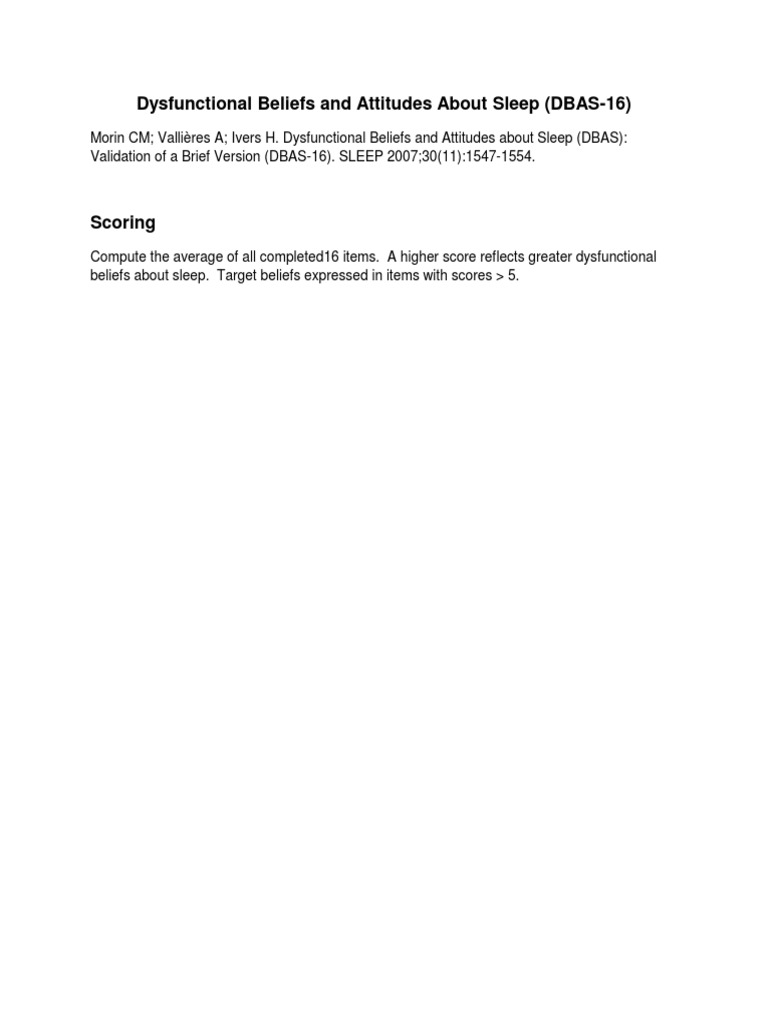 Dysfunctional Beliefs and Attitudes About Sleep (DBAS-16) | Download ...