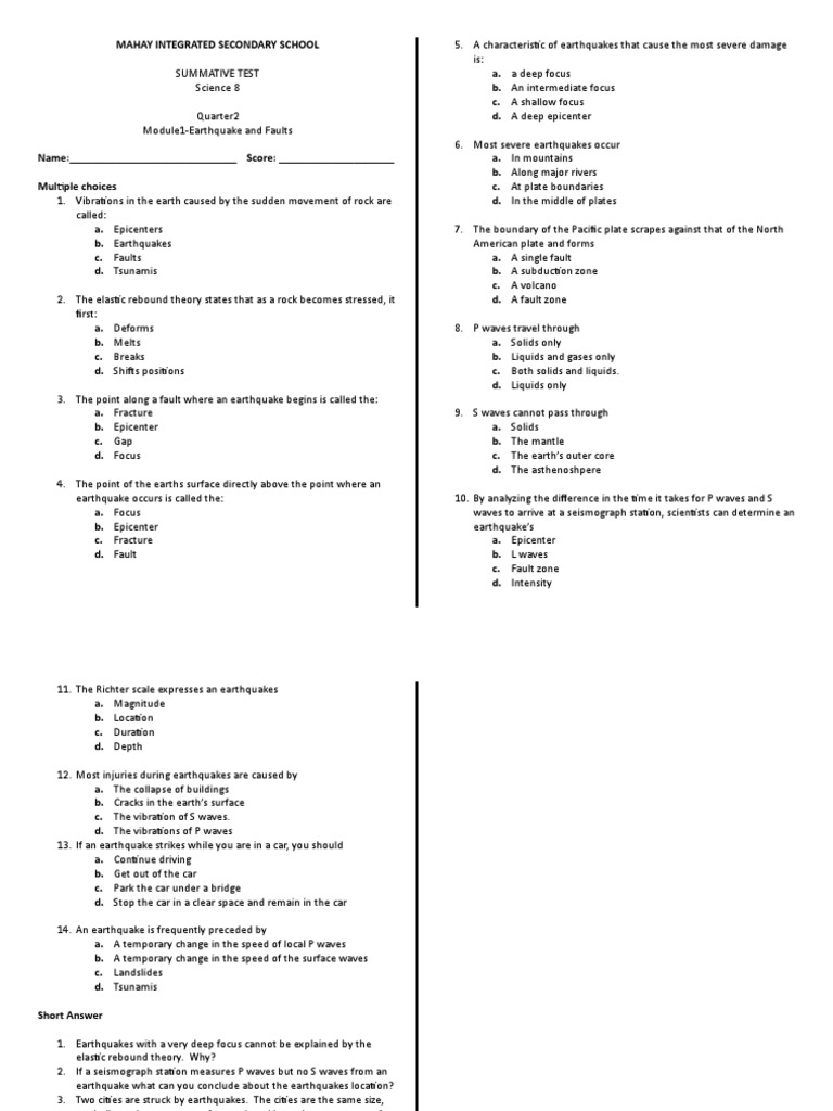 Earth Science Earth Quake Unit Test (1.1) | PDF | Earthquakes | Seismology