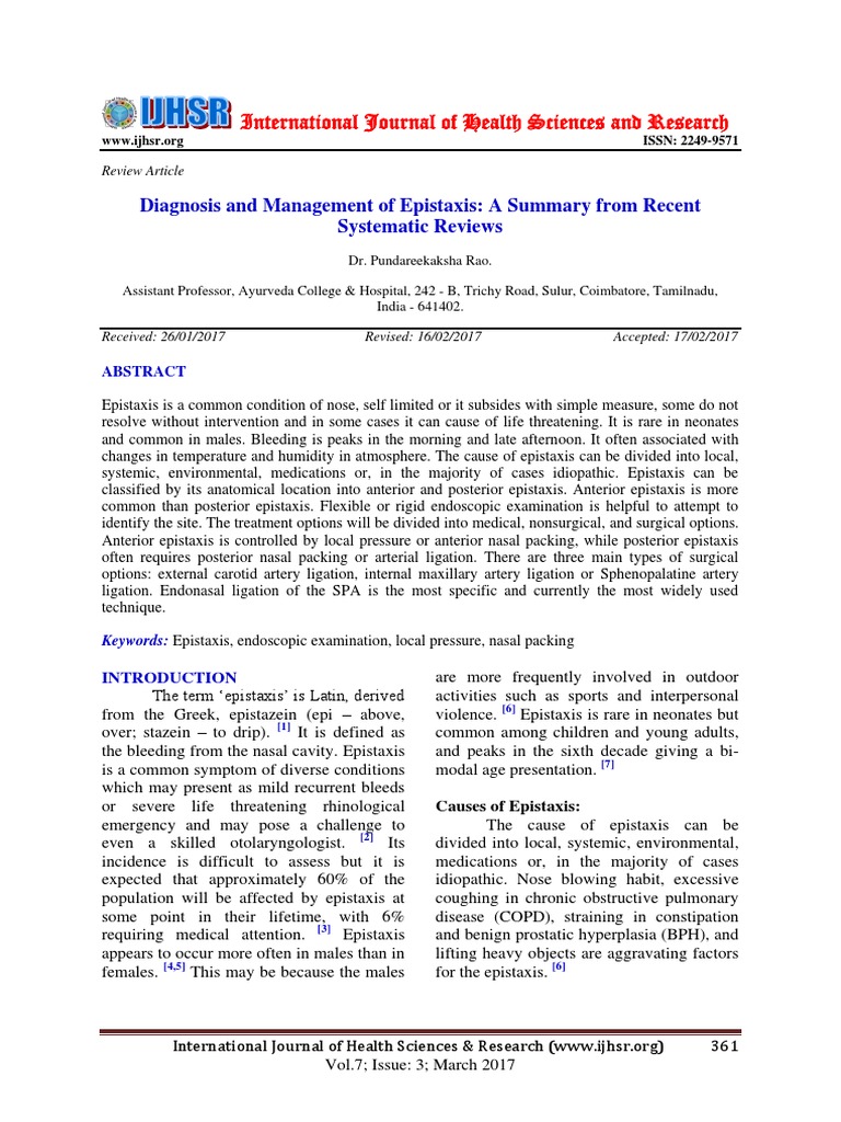 A Comprehensive Review of the Diagnosis and Management of Epistaxis