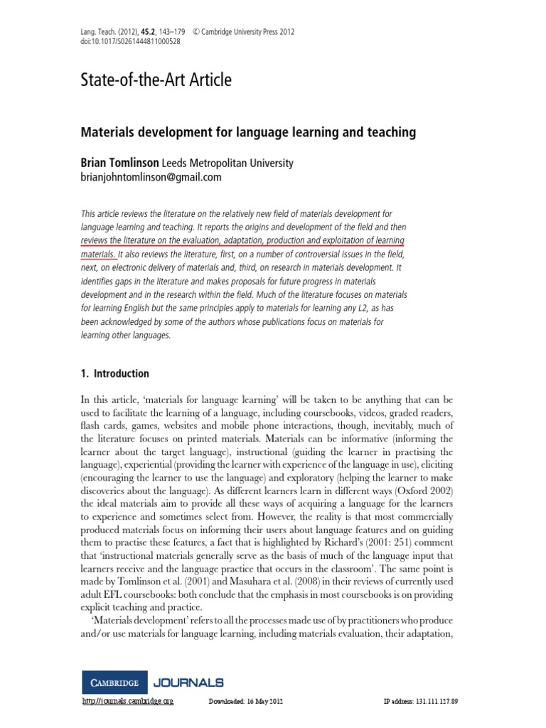 Tomlinson Materials Development 2012 PDF Textbook Second Language