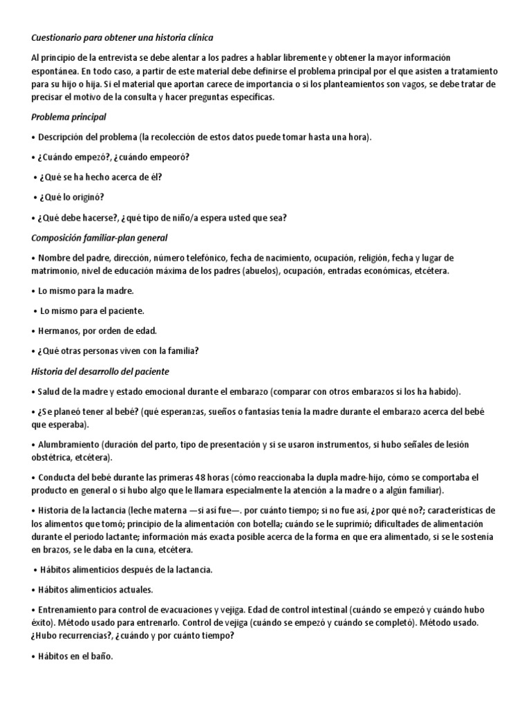 Cuestionario Para Historia Clínica Cuestionario
