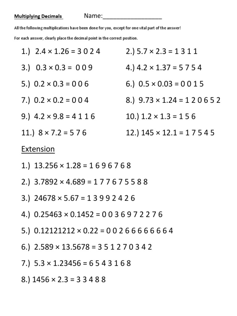 Name: - : Multiplying Decimals | PDF | Multiplication | Notation