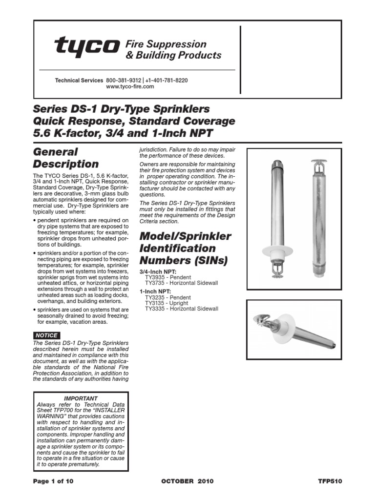 Series DS1 DryType Sprinklers Quick Response, Standard Coverage 5.6 K