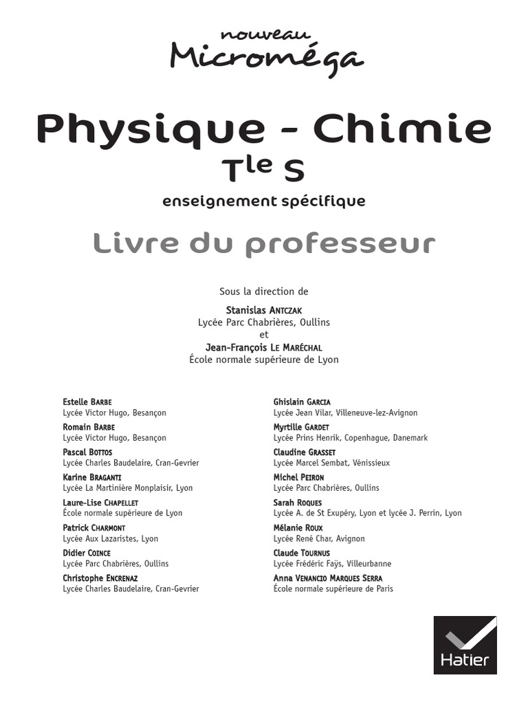 Physique chimie Terminale Spécialité Hatier Corrigé Pdf Physique - Chimie Tle S Enseignement Spécifique Livre Du Professeur | PDF |  Chiffre significatif | Expérience