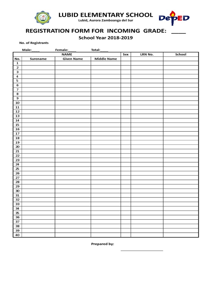 Early Registration Form by Grade PDF