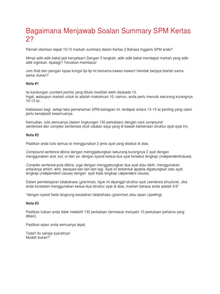 Tips Dapat 15/15 Markah Summary SPM | PDF | Karier & Perkembangan ...