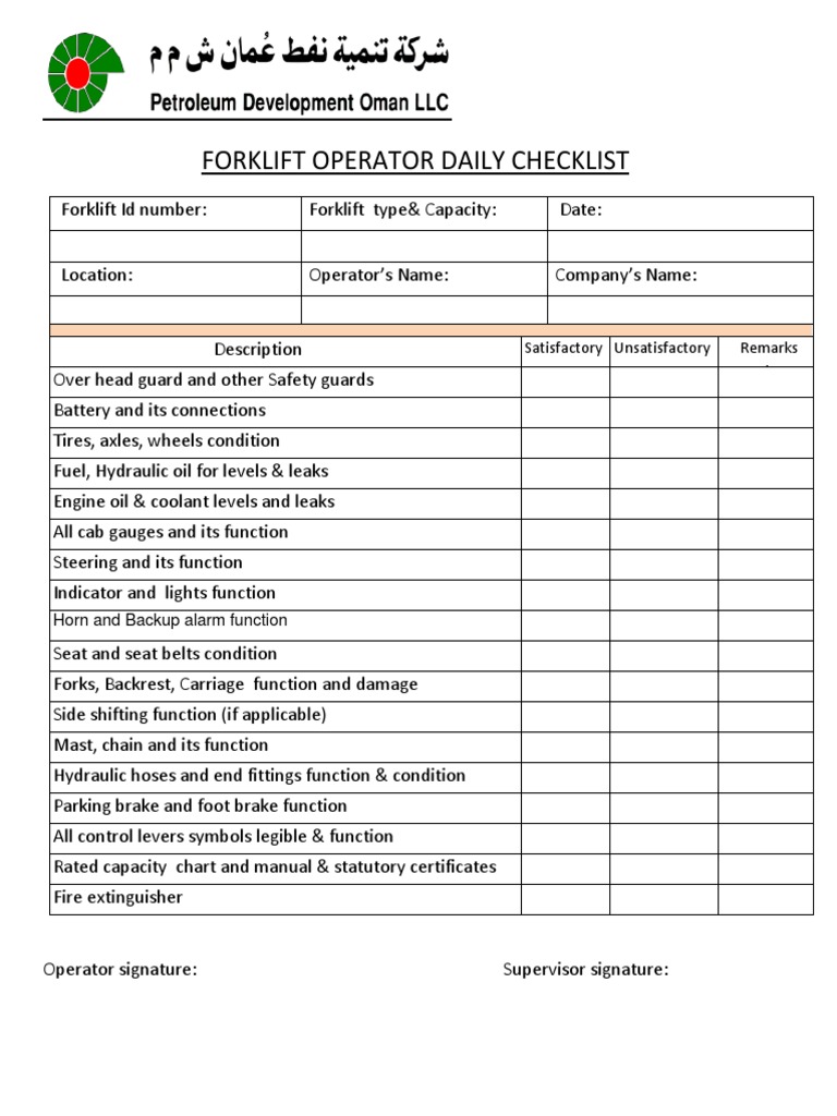 Operator Daily Checklist | PDF | Crane (Machine) | Forklift for Free Forklift Operator Daily Checklist Printable
