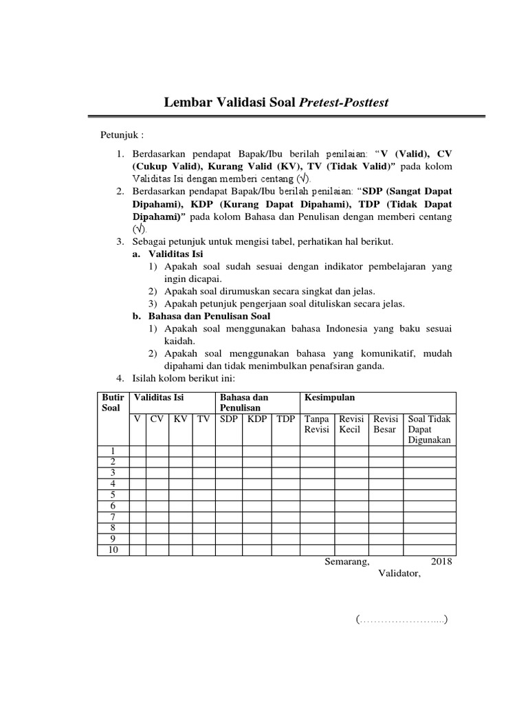 1 Lembar Validasi Soal Pretest N Posttest