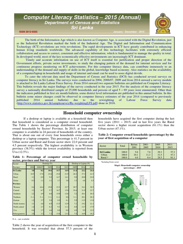 Sri Lanka Computer Literacy Survey 2015 | PDF | Literacy | Information ...