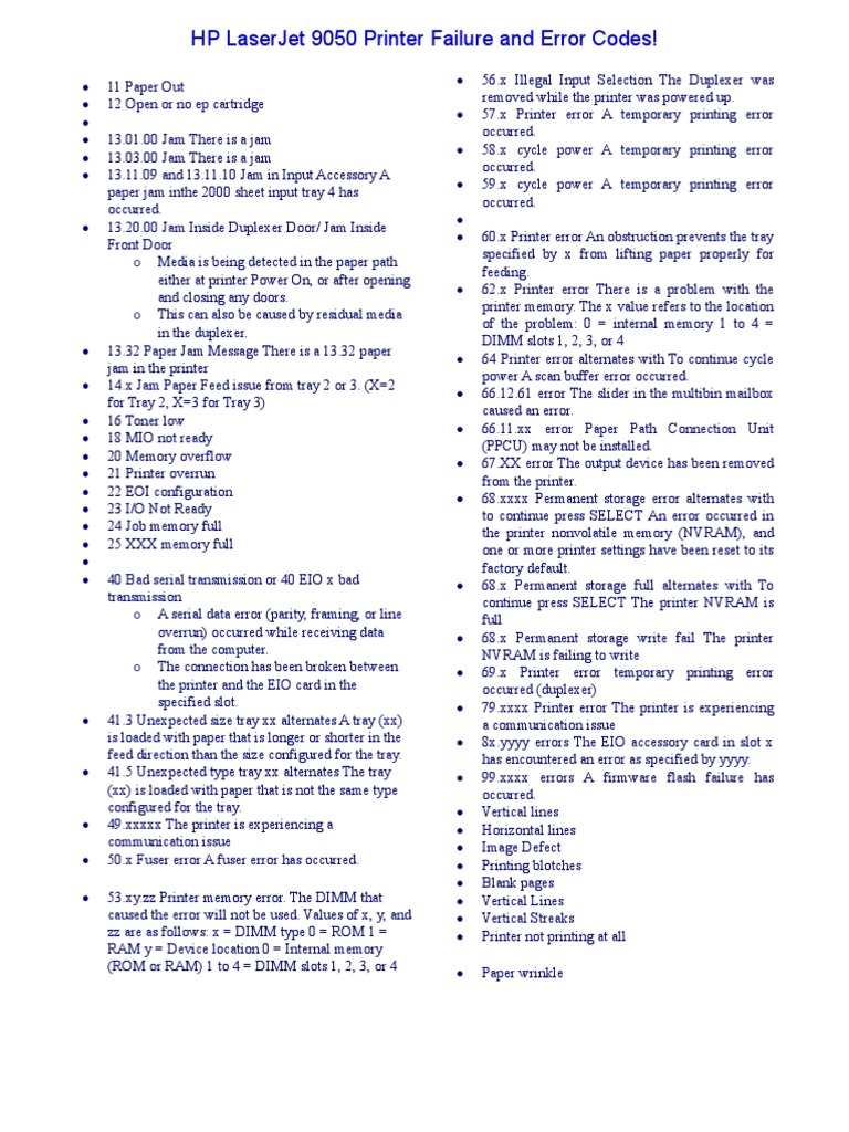 HP LaserJet 9050 Printer Failure and Error Codes Download Free PDF