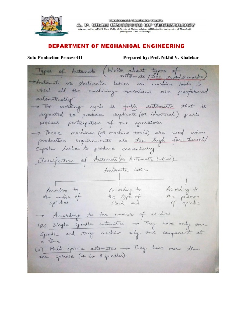 Department of Mechanical Engineering: Sub: Production Process-III ...