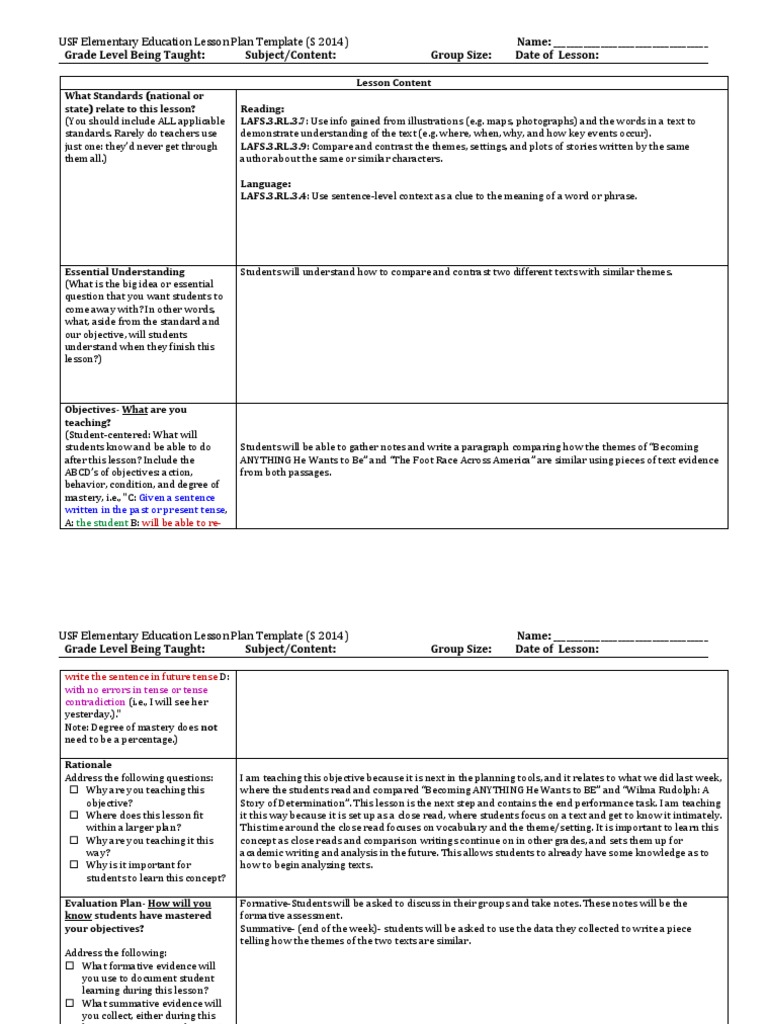 USF Lesson Plan Template for Elementary Education | PDF | Teaching ...