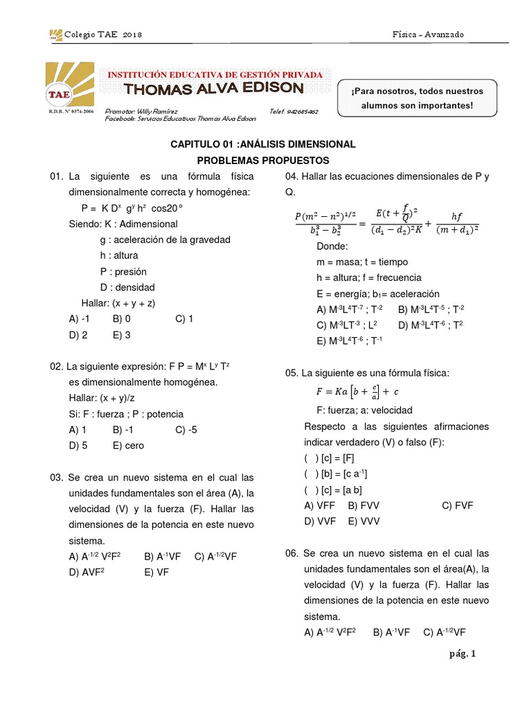 Problemas Propuestos De Analisis Dimensional Vector Euclidiano Masa