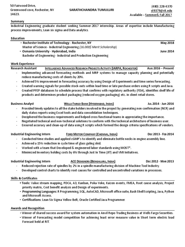 Tumuluri Sarath Chandra Resume V4 Pdf Industrial Engineering Six Sigma