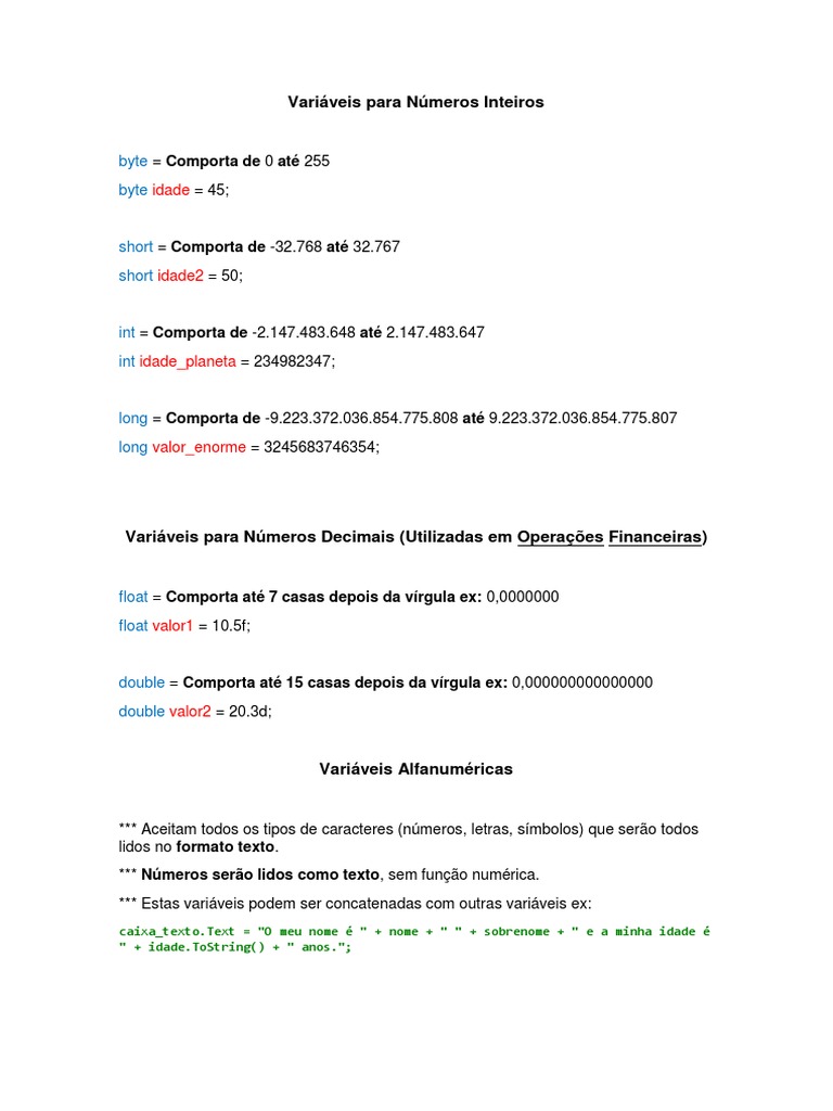 Tipos de Variáveis em C e suas Principais Características PDF C Sharp (linguagem de
